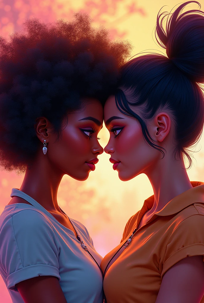 8k, photorealist, cinematic light, a white geek guy very shy, he wears a large black t-shirt between 2 beautiful women, one woman is black with aphro hair wearing a large purple t-shirt, the other one is japanese dressed as a maid