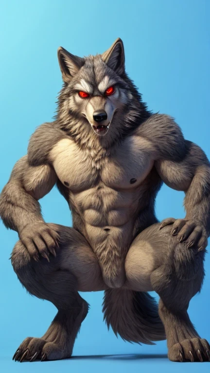 Perspective from below wolf naked male furry legs apart looking down blue background squat pose green eyes serious look claws on knees fluffy tail scars growling salivating erection penis