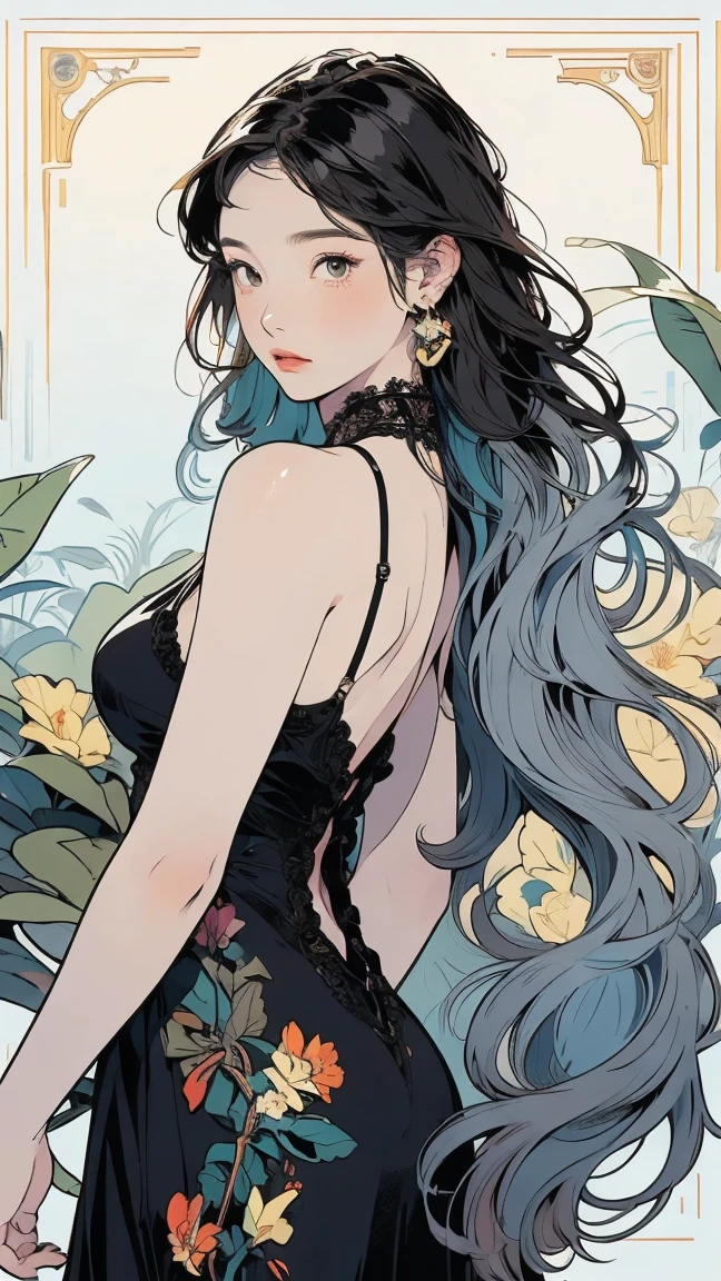 (Highest quality,Super detailed,High resolution:1.2),beautiful woman with perfect face,very_Long eyelashes, Detailed lips, Cool look, Soft Skin, Shiny Hair,Exquisite makeup,Heavy bangs,Dilated grey eyes,Straight Long Hair, Black Chinese Dress,Geometric tattoos on thighs and arms,