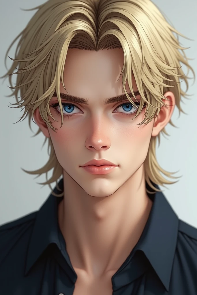 Make a 22-year-old dark blond boy hair new mulet blue eyes and white skin on the side