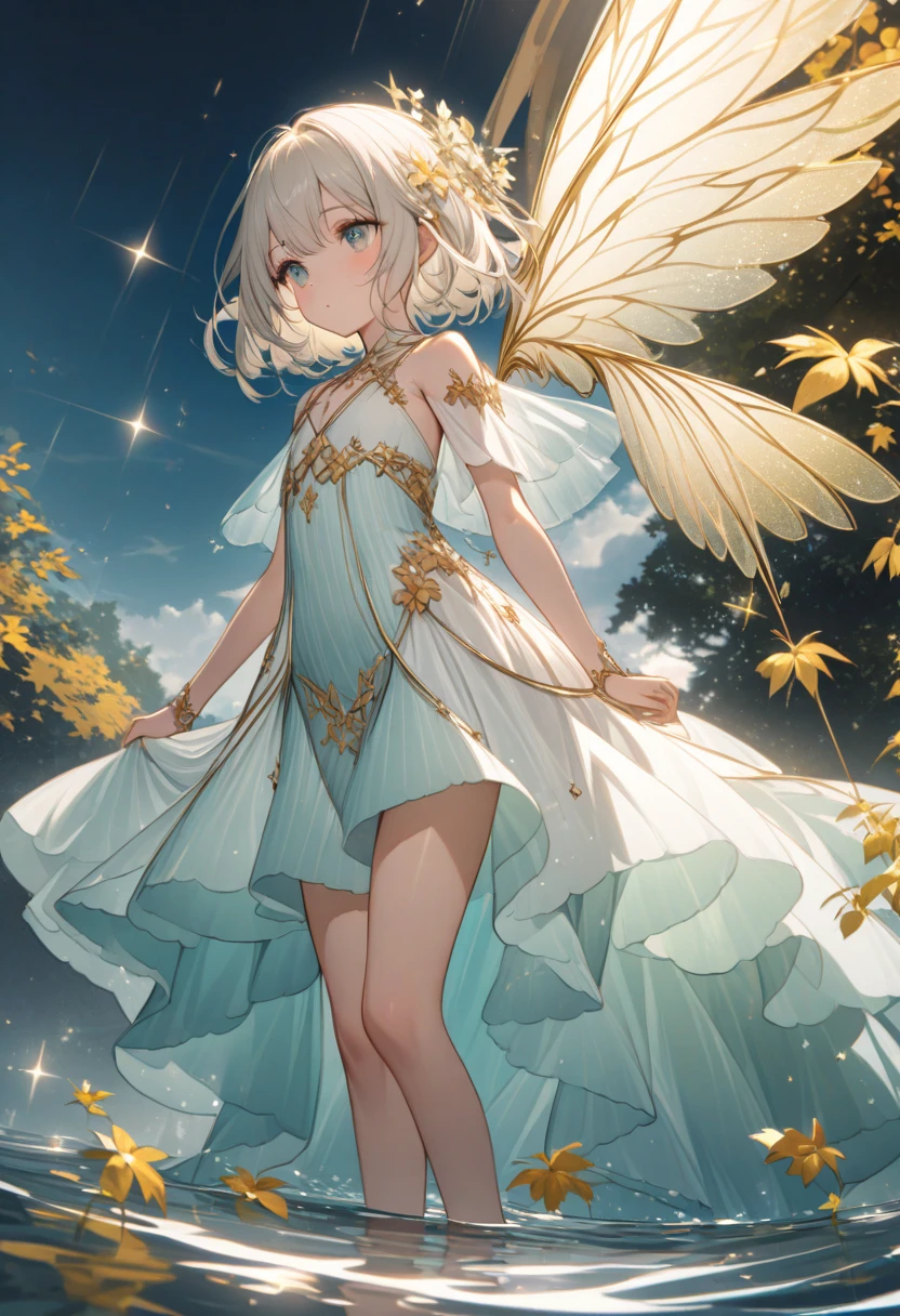 (((masterpiece))), (((best quality))), ((ultra-detailed)), (illustration), ((an extremely delicate and beautiful)),dynamic angle,floating, (beautiful detailed eyes), (detailed light) (1girl), loli, small_breasts, floating_hair, glowing eyes,halter dress, feather, leaves, nature, (sunlight), river, (forest),(painting),(sketch),(bloom)