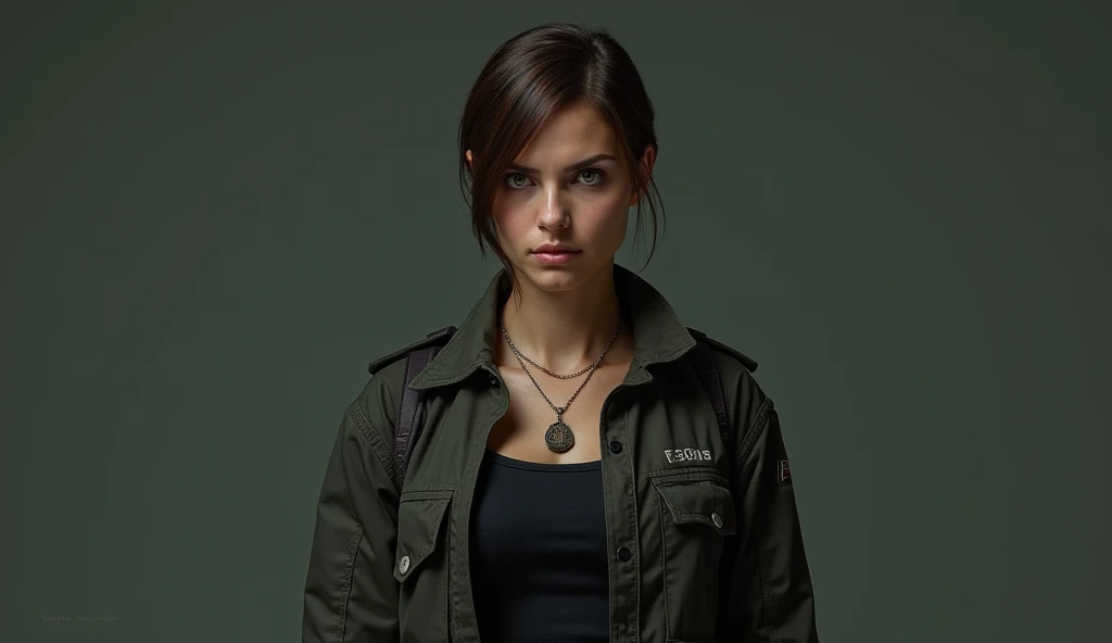 Ronda Rousey with long dark hair, beautiful detailed eyes, beautiful detailed lips, extremely detailed face, intense expression, wearing a black and green military-style outfit, standing in a dark gritty urban environment, cinematic lighting, film grain, 8k, highly detailed, photorealistic
