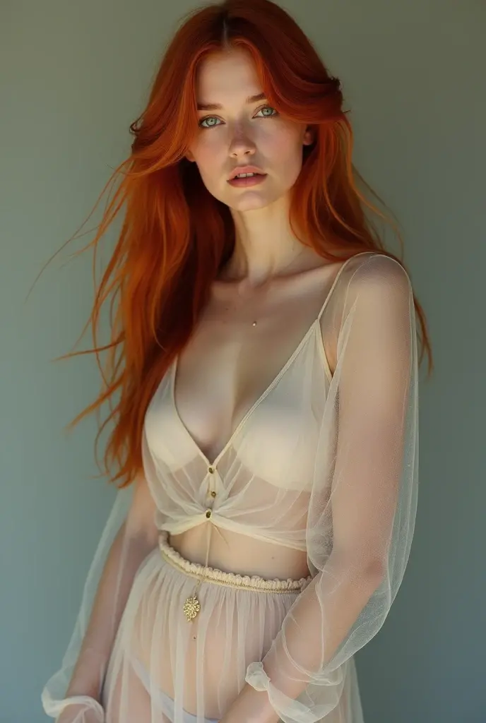 Young woman in transparent clothing redhead,full body