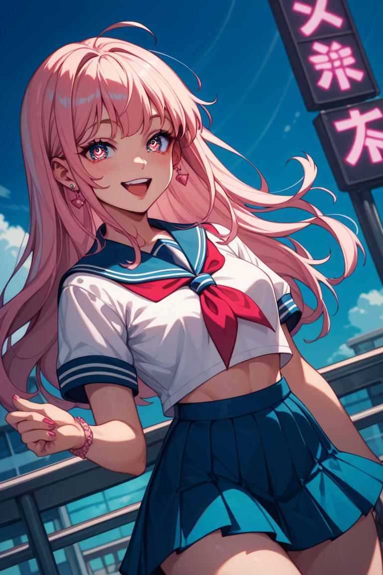Pink Hair、Pink Eyes、girl、Small breasts、Bun Hair、girl、Small breasts、Lolita、Bright smile、Looks about 15 years old、Petan Musume、short、目のhighlight、Sexy thighs、School、Short-sleeved sailor suit、mini skirt、Your eyes are so beautiful、highlight