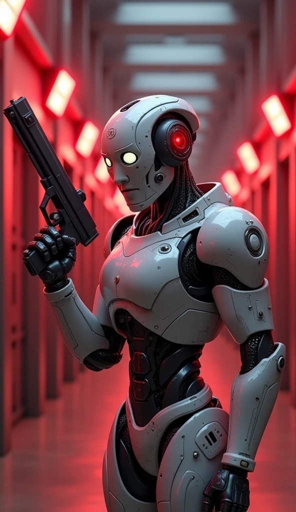 alien god ,a woman holding a gun in a dimly lit room robotic, <lora:alien_god_V2:1.0>