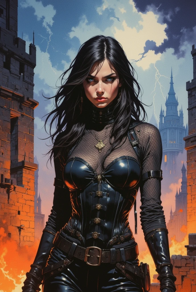 (((COMIC STYLE, CARTOON ART))). A hot vampire girl, woman in medieval black dress, HOT BODY, on cemitery under the moonlight., covered in blood. Full growth in the frame. higly detailed.