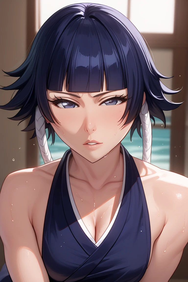 soifon,beautiful , highly detailed , unreal engine , octane render , slim and lean , detailed face, 8k high res ,serious, trousers, wearing sleeveless kimono, 8k high res , extremely detailed eyes , masterpiece, gorgeous, award winning , close up of face , dynamic shadows,volumetric lighting,