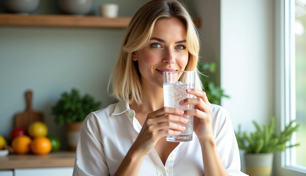 40-year-old Brazilian woman with no erotic appearance, in blue blouse, drinking a glass of very cold water.


