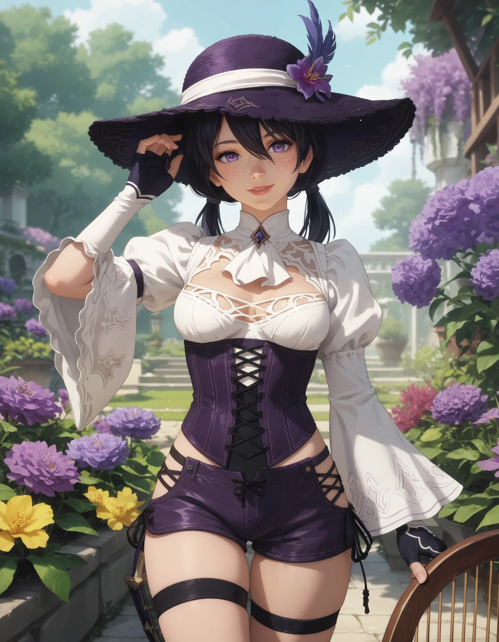 score_9, score_8_up, score_7_up, source_anime, anime_screencap, solo, nier2b, 1girl, purple eyes, detailed eyes, lips, smile, white ascot, wide sleeves, long sleeves, white shirt, feather hat, hat, purple hat, low twintails, medium hair, hair between eyes, black hair, frills, freckles, ouji fashion, purple corset, corset, purple shorts, cross-laced shorts, thigh strap, medium breasts, framed breasts, fingerless gloves, cowboy shot, purple orchids, garden, harp, hand on headwear,