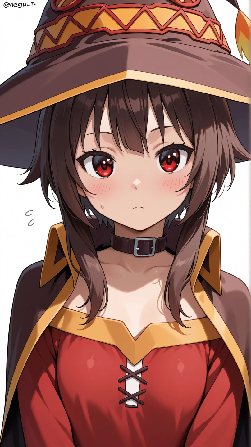 masterpiece,  <lora:aqua_crying_meme:0.7>, <lora:Megumin:0.9>, red dress, red eyes, brown hair, short hair, megumin, choker, small breasts, cape, brown cape,