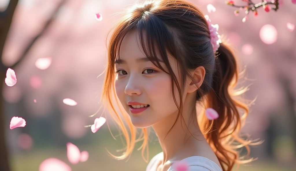 (highest quality, 8k, High resolution, masterpiece:1.5, ), beautiful japanese girl, 18-year-old, perfect human anatomy, big magic eyes, Smile, shiny brown hair, beautiful side ponytail, asymmetrical bangs, smooth and soft skin, white sexy bridal dress, fine silk fabric, Detailed and perfect clavicle, High resolutionの美しい胸元, soft and plump breasts, (Colorful petals dance across the screen:1.3), beautiful nemophila field, spring sunshine, blue sky, sparkling light effect, professional lighting, professional photographer, fantasy