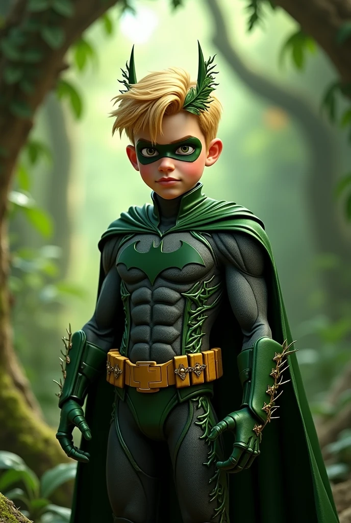 Brunette child with dark brown curly hair, Gamer, with the Green Arrow outfit