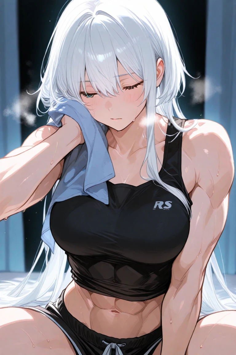 (best quality, 4k, highres, ultra-detailed), riding machine, solo, 1girl, medium breasts, long hair, cropped tank top, healthy skin, ultra-detailed eyes, glowing eyes, blush, breasts, navel, trembling, sweat, tears, steaming body