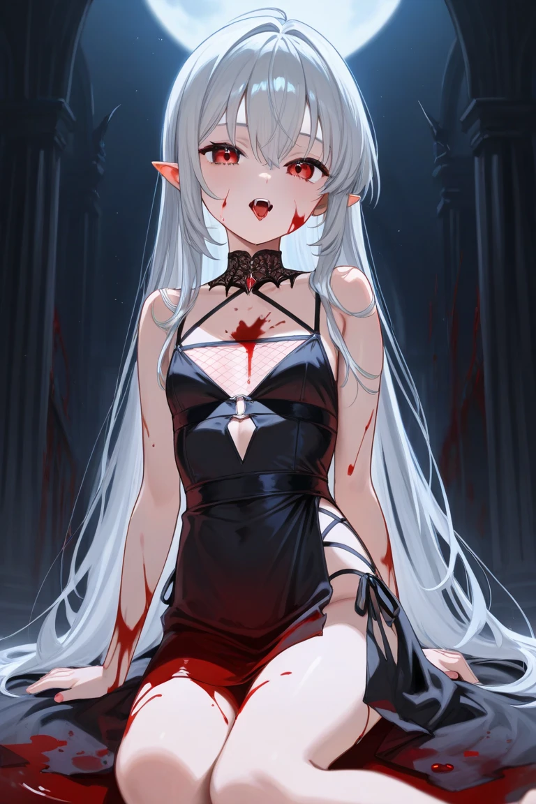 ghost girl, 1girl, (Translucent pale skin:1.4), No humans, dress, partial fused exoskeleton, Beautiful eyes with fine symmetry, (torn:1.4), tears of blood, (Intricate details:1.4), (Highly detailed face and eyes:1.2), slim figure, Definition and sharpness of textures, posing sitting for a photo, blood, gore, rotten flesh, castle, anime, fantasy, detailed background, 2D, (Highly detailed), (high resolution), (Best quality), (masterpiece)