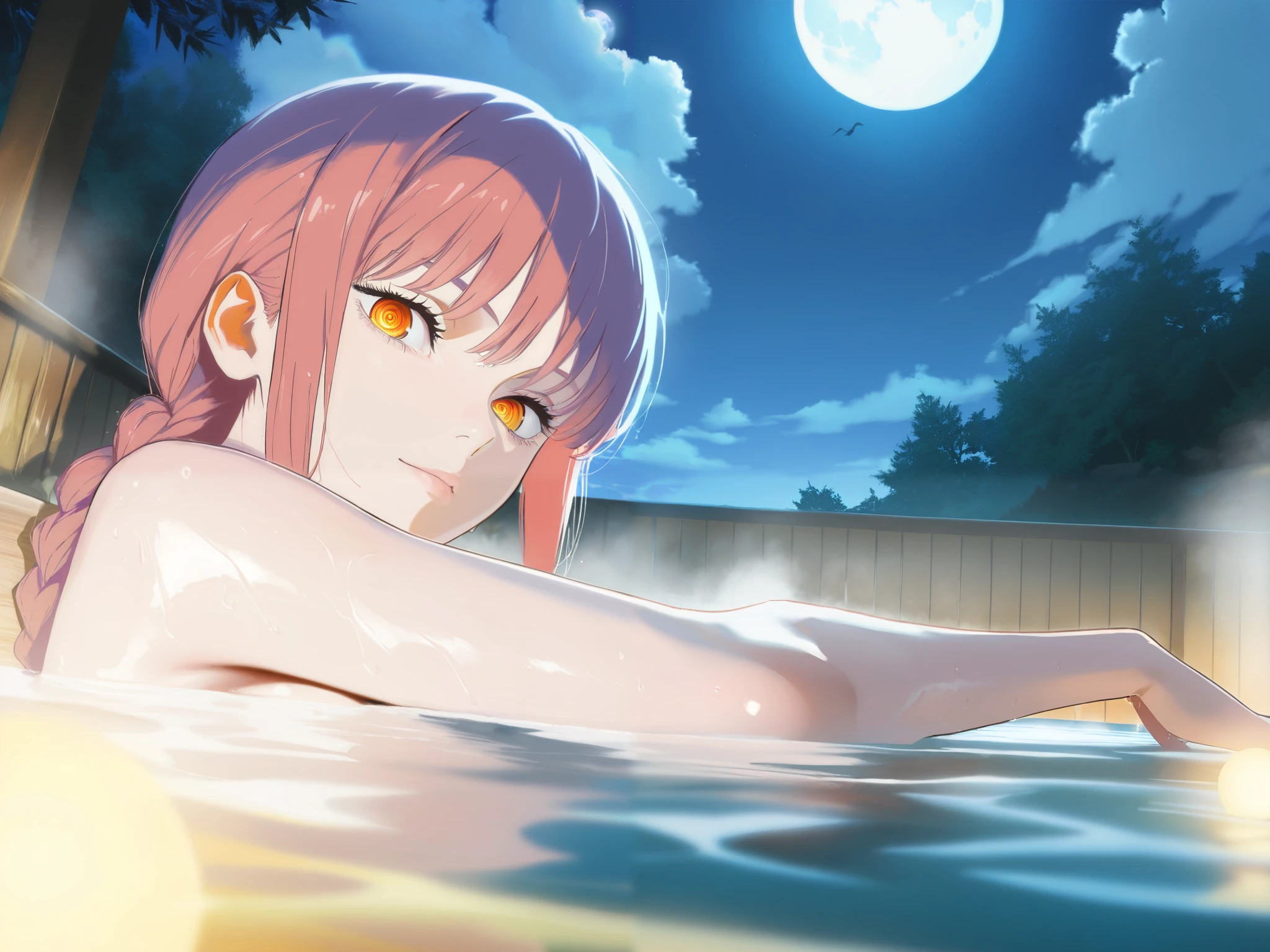 in 8K、top-quality、masterpiece、ultra-detailliert、Ultra-high resolution、Anime style、outdoor bath、Rock bath、fullmoon、mountains on background、1 girl in、Red face、Wrap a bath towel around your body、poneyTail、A smile、wetting hair、stand up、Rear view