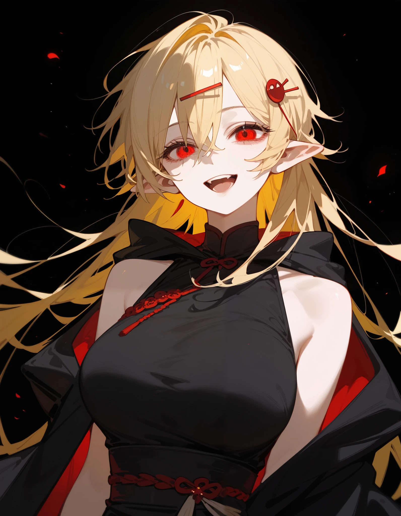 girl,Yellow hair, Tomboy,Split hair,long hair,big breasts,Slim Gold Hairpin,in red eyes, Ghoul eyes,Pointed ears,milf,Open your mouth,Sleeveless kimono,Black Robe,smile,,long hair,black background,Hood,