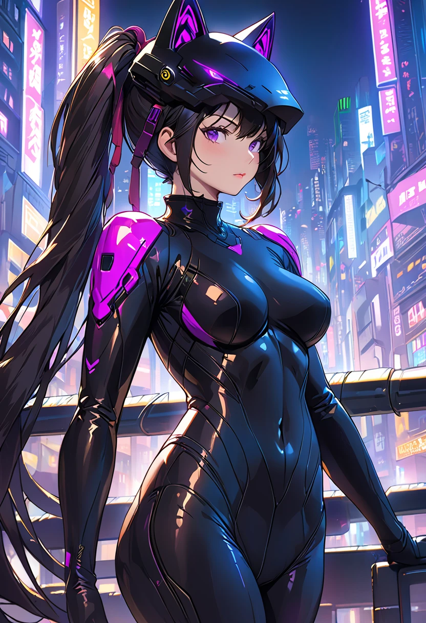 (High quality, High resolution, Fine details), cyberpunk style, urban setting, cyberpunk cityscape background, neon signs, glowing lights, cybernetic enhancements, metallic textures, cyber suit, city lights reflected on suit, gloves with neon lights, solo, curvy women, sparkling eyes, (Detailed eyes:1.2), smile, blush, Sweat, Oily skin, blue color tone, vivid colors, shallow depth of field, high contrast