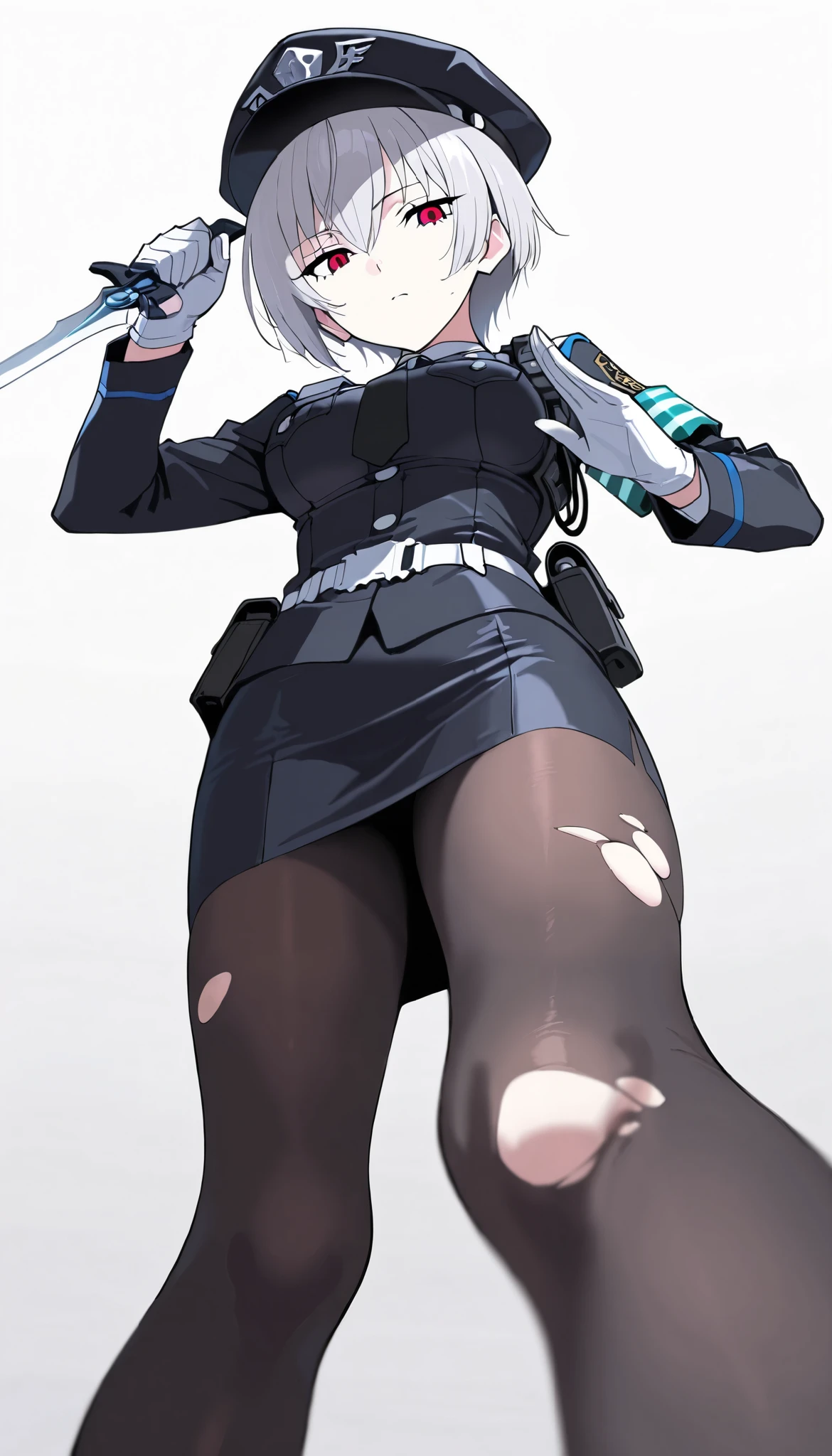 ((masterpiece)), (best quality), 1girl , Alone, simple background, temptation, delicate face, handheld dagger , Battle Pose , full body, silver short hair, long sideburn, Disdainful Eyes, Black Stockings, Damaged black police uniform, medium breasts, style: midjourney, white background, from below, two-point perspective , Impact footage,motion blur,depth of field, closeup
