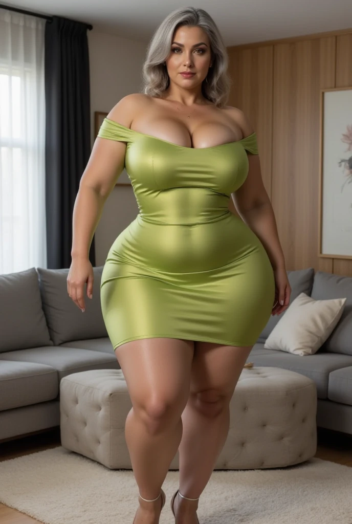 1 beautiful woman, big body, blonde, wavy hair, makeup, green dress, green shoes, sexy.