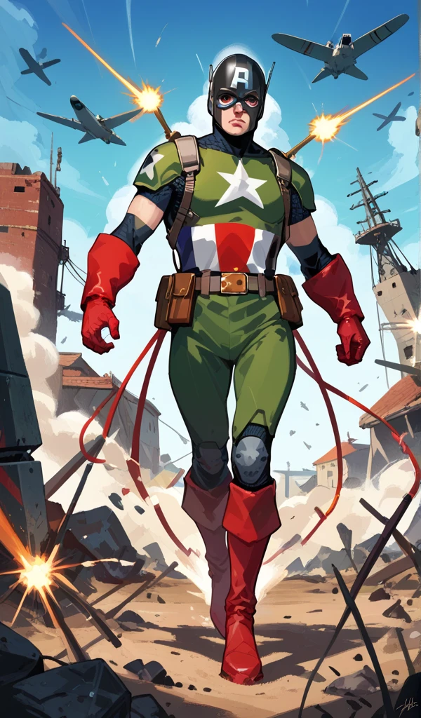 Create 2d sprites of a hero to place in a video game, at various angles, he will be a mix of Captain America from Marvel Comics with Link from the game series The Legend Of Zelda, He has a mysterious mark on his arm that turns out to be the key to using the Artifact of Harmony., he wears a green combat uniform, Coraggioso, determined, fair, but sometimes impetuous, 16K, best qualityer!