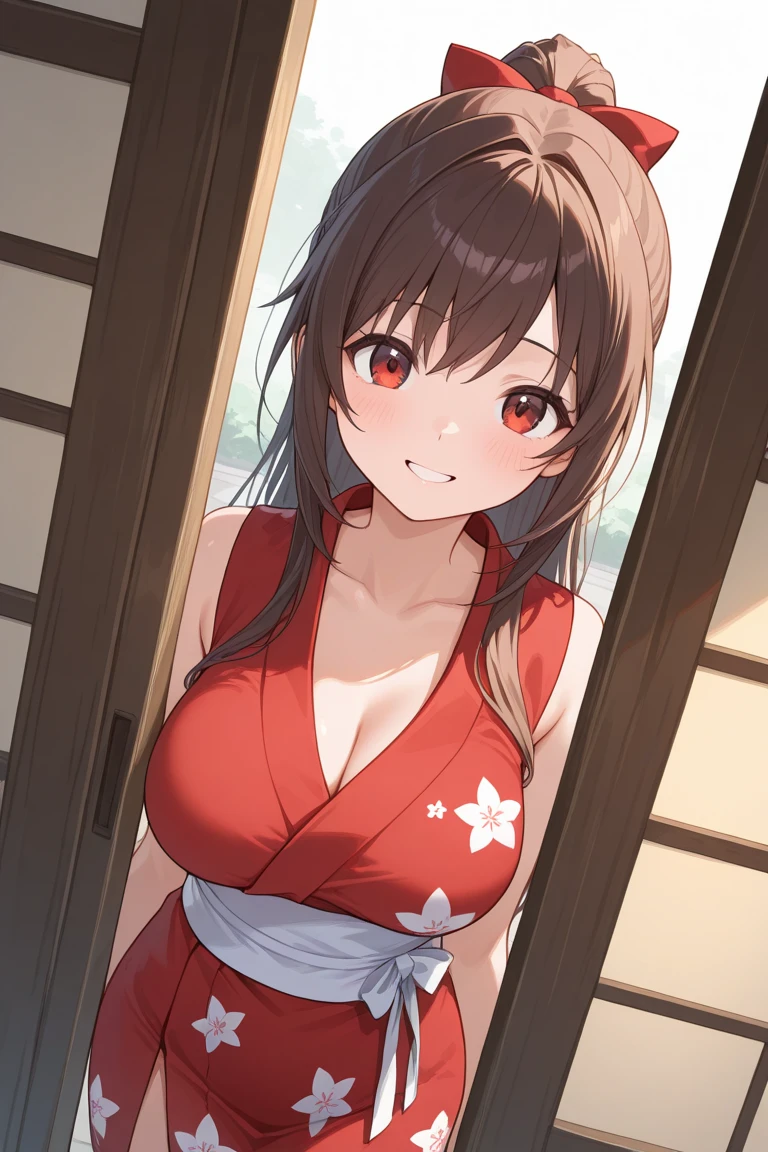 ((masterpiece, best quality, high resolution, ultra high definition, Pixel perfect, depth of field, 4K, RTX, human development report))), 1girl in, single, alone, Beauty、see whole body、 ((Long hair to waist, Short Liuhai, reddish brown hair)), ((blue eyes, beautiful eyelashes, realistic eyes)), ((Detailed face, blush:1.2)), ((smooth texture:0.75, lifelike质感:0.65, lifelike:1.1, Anime CG style)), medium breasts, Perfect body, ((Pink Japanese kimono, bare shoulders ,Black tights)), A confident smile, Sitting sideways on a chair, Look from the bottom up、(The wind is strong and blows my hair，Exposed shoulders、Black tights) , Night view hot spring,Snowy nights
