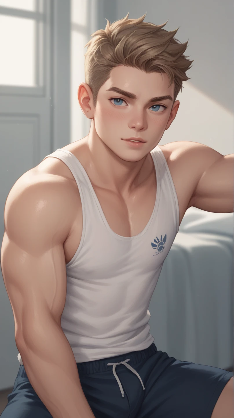 llustration in Leyendecker style : he Naval Academy had kept Matt lean, but I knew he had strength in his lithe swimmer's build. Matt wasn't Paul's meathead type or the muscle-jock type I ended up being. Matt was in his last year at the Naval Academy. And now that he was closer to his commissioning, Matt was in a lighter mood than I'd seen him in a few years. I'll admit, it was still a little odd seeing Matt with a Navy Academy crew cut at times, as I remembered his shaggy chestnut brown hair from his youth. But while he now outwardly looked like a first class midshipman, the Academy's college senior, the mischievous spark in his blue eyes told me that he was still the playful extrovert he'd always been.
