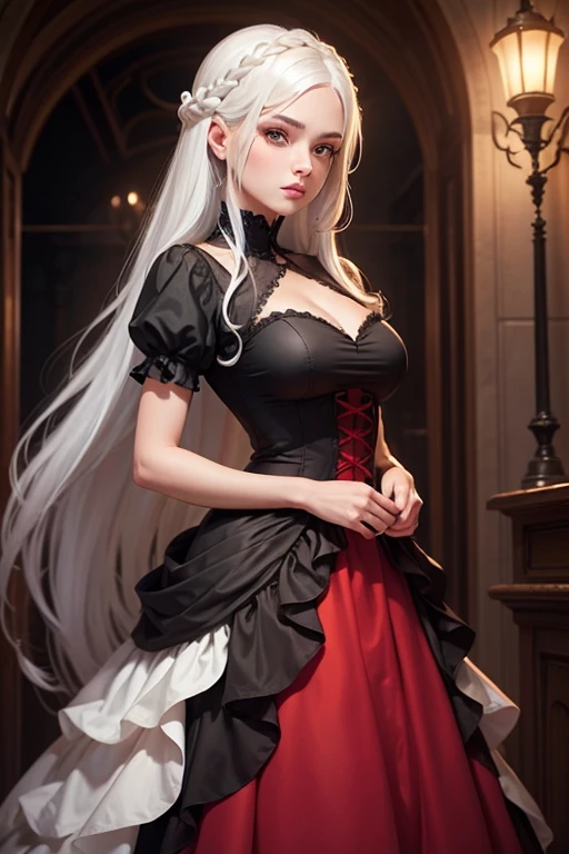 realistic, 1girl, white hair, red eyes, bright eyes, dracarys, skirt, lips parted, blush, night, flowers, sun, sunlight, dress, dungeons