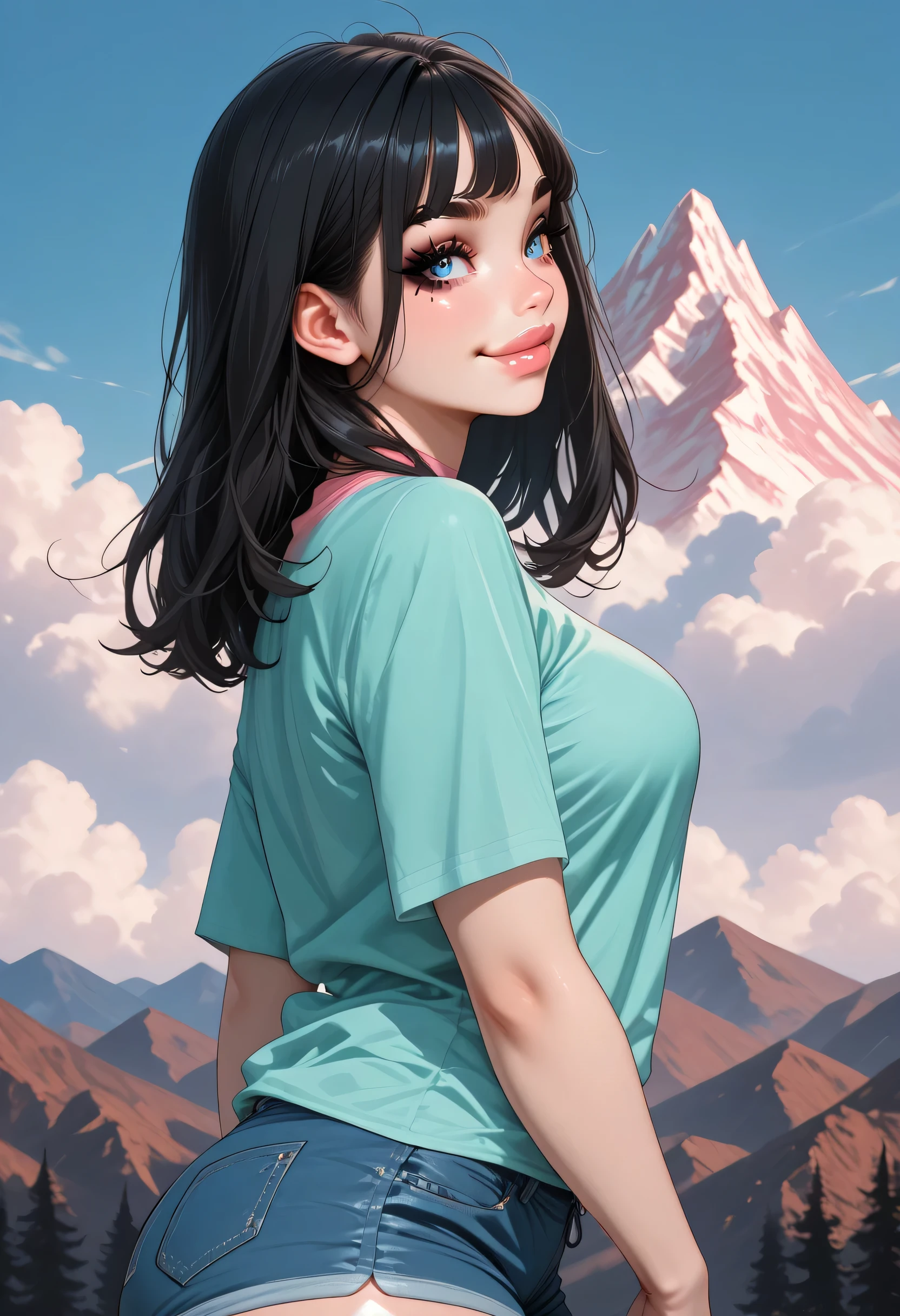 perfect face, feminine, (thick thighs:1.2), ((standing)), perfect body, medium breasts, sky cloud, mountain, Aqua shirt Pink undershirt Short shorts, black large smooth hair, black eyebrows, thin eyebrows, blue eyes, black eyeliners, thick lips, smile, female beautiful, from side