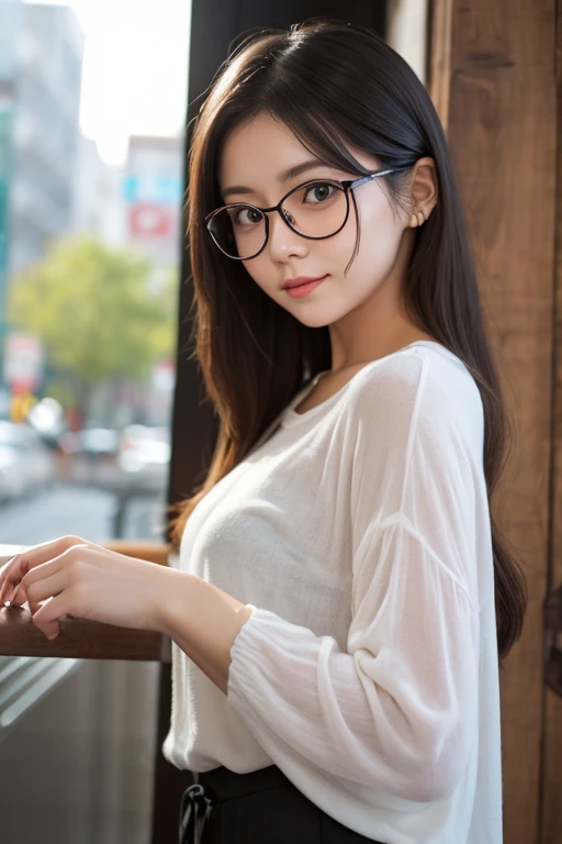 Classy chinese-malay girl with a perfect smile, looking straight to the camera, professional photography, professional lighting, portrait: 1.4, 85mm, midshot, waist shot, mirrorless camera, village blur background, bokeh, large breast, sleeve, modest, fluffy wavy hair, highlight on hair, slim figure, huge breast, see_through thin cloths, perfect body, traditional, high quality, pretty face, innocent face, ((wearing tight white tshirt)), cleavage, sexy, 21 yo, ((wearimg frameless glasses))