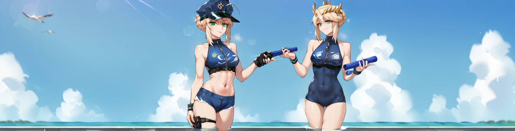 Imperial Guard Combat Uniform Swimsuit, o-ring bikini, v gundam, swimsuit, absurdres, highres, solo, cowboy shot, 1girl, neneka nibrou \(cosplay\), wristband, headphone, holster, backpack, holding gun, aiming, perfect hands, wind, huge breast, large breast, EVANGELINE_BURTON_BIRDIEWINGGOLFGIRLSSTORY, BLONDE_HAIR, LONG_HAIR, BLUE_EYES, saluting, salute, military saluting
