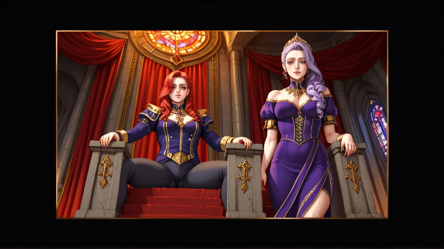 sadistic smile, shoujo-style
(masterpiece, best quality, ultra-detailed, official wallpaper), (beautiful detailed face, beautiful detailed eyes), long eyelashes, hair ornament, jewelry, necklace, cleavage, big breast, (full body), royal dress, throne, sitting, crossed legs, highheels, thick thighs