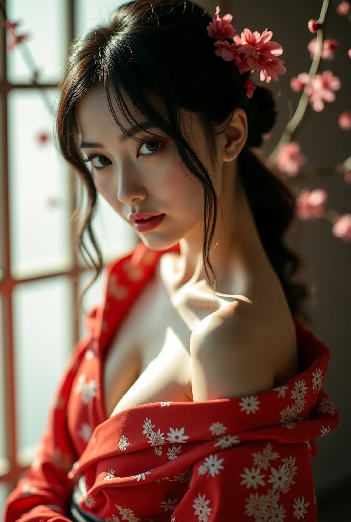 beautiful japanese woman with big breasts in revealing red kimono sakura garden bare legs off shoulders full length