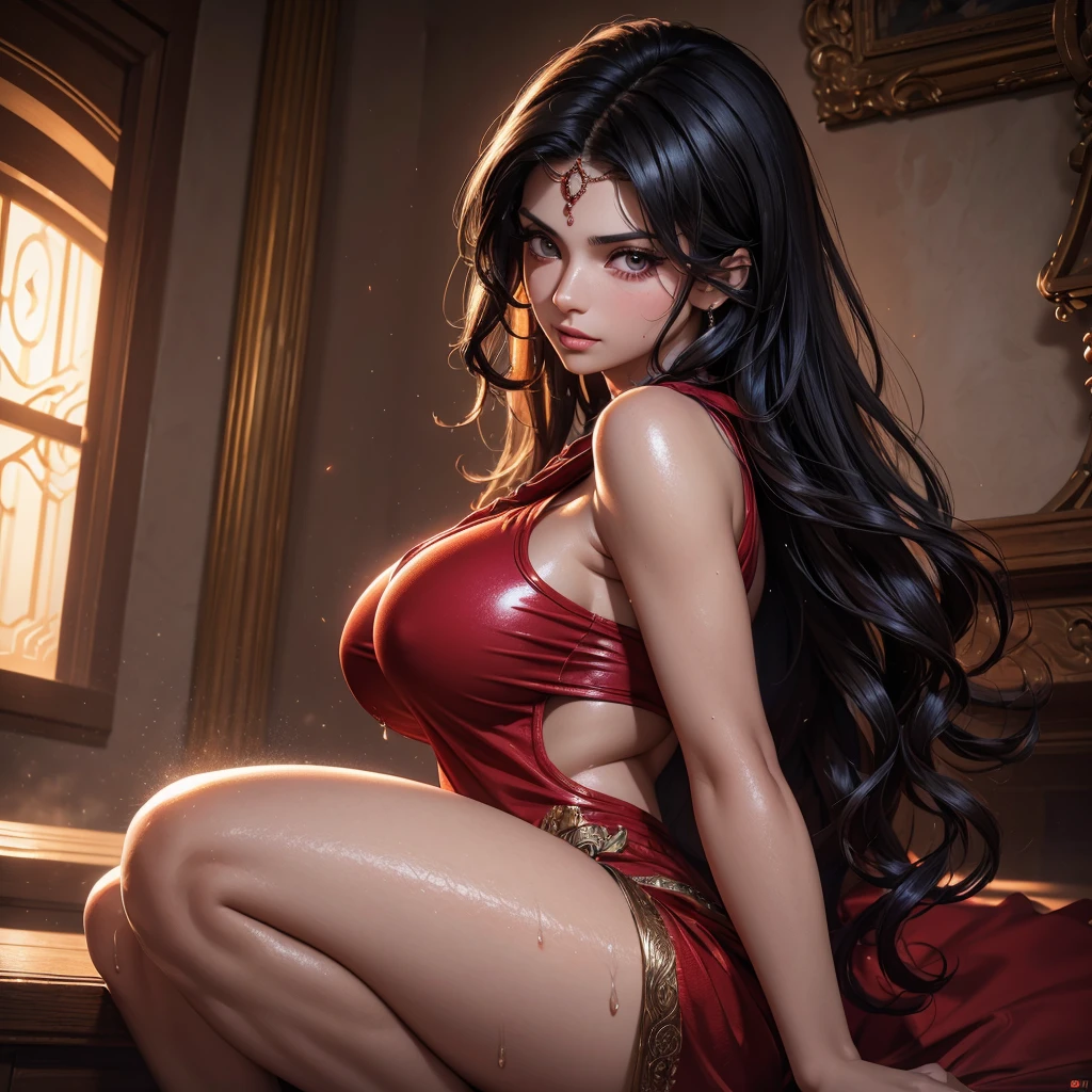 sfw, (skindentation:1.5), Realistic, Photorealistic, (masterpiece:1.5), concept art, intricate details, highly detailed, photorealistic, octane render, 8k, unreal engine, dynamic pose, best quality, highres, (realistic face:1.1), (hyperrealistic:1.1), (((full_body))), perfect eyes,(shiny skin:1.2), perfect hand, extremely detailed background, ((1girl)), ((wearing red long silky dress)), ((detailed eyes, high quality eyes, high quality face)), long black hair, messy ponytail, dramatic, depth of field, bokeh, 4k, ancient ruin, dancer, (((dancing))), long sleeves, (((red long chiffon dress))), turtle neck, bride, ((red veiling)), wearing bra,((skinny waist)), young asian girl, ((big breasted)),