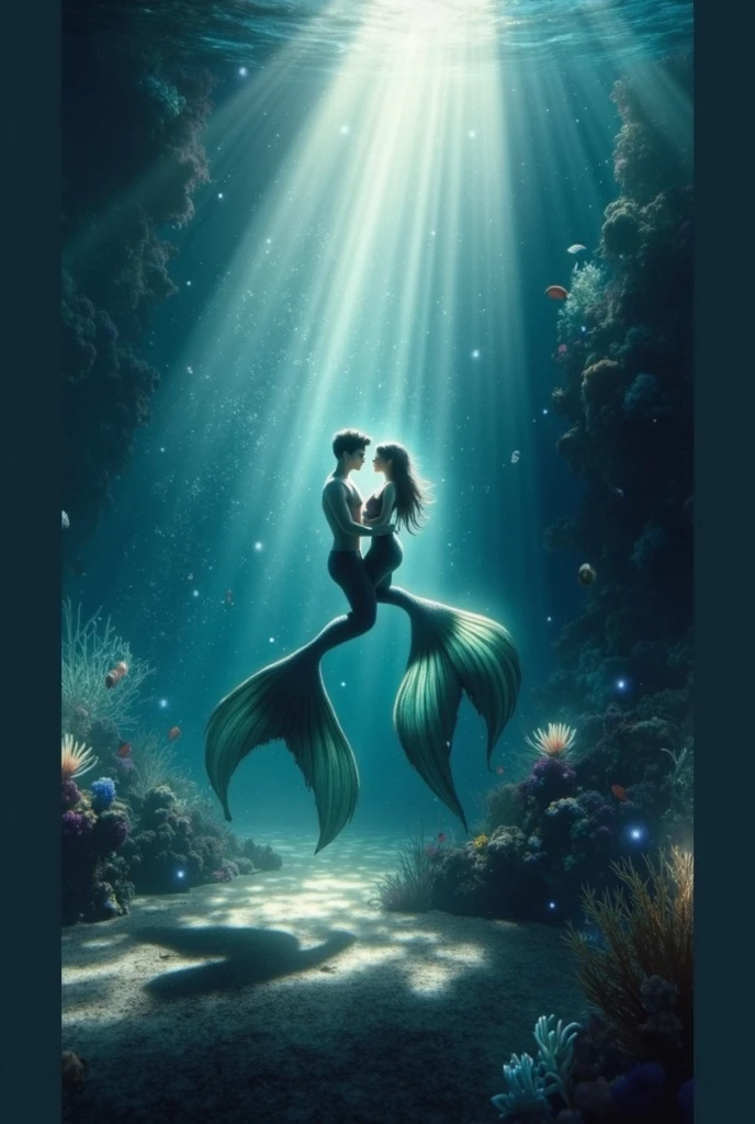 Scene 6: Leo’s TransformationPrompt: A mystical underwater scene where Lyra and Leo are deep in the ocean. Lyra is singing an ancient song, her hands gently holding Leo’s as he begins to transform into a merman. A bright, magical light surrounds them, illuminating the dark ocean depths. Leo’s legs are merging into a powerful, shimmering tail, and his expression is one of wonder and awe. The surrounding ocean is filled with vibrant sea life, including curious dolphins and glowing jellyfish that watch the transformation.