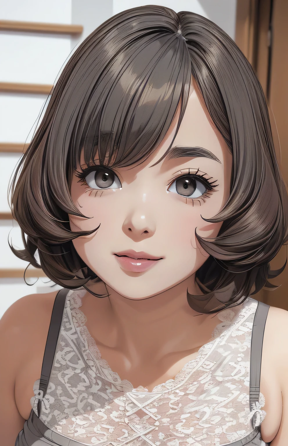 safe_Location, score_9, score_8_up, score_7_up, source Masterpiece,VERY DETAILED FACIAL FEATURES, Extremely detailed, dramatic, cinematic , expressive , (Masterpiece ), (top quality), ( Ultra Detailed ), (Best Illustrations), (best shadow), (Absurd), Details Eyes , 1 person, woman,nsfw:1.3, Catch Light, score_9, score_8_up, score_7_up,8k, high definition ,masterpiece, Accurate, is anatomically accurate, number々Awards, very high image quality, high definition model,(A well-groomed and very beautiful face)(Big eyes)high image quality, high detail, very detailed,(giganticbreasts1.8)(Curvy:1.1)(((On the way to undressing :1.4)))( Looking Back)( Being Fucked in the Bath by a Shy )(( have their cheeks dyed red:1.4))( I'm surprised)(lure)(Very very big butt)
V-neck, clavicle ,big ass,door, doorway, indoors, ((lean forward)), opening door, open her mouth,nipple above your right chest,big spilling out,big , plump,(Smile),short hair,((lean forward))((wearing slate gray and White lace underwear:1.5))((Very detailed expression of underwear:1.5))(cameltoe:1.1)((full body:1.6))