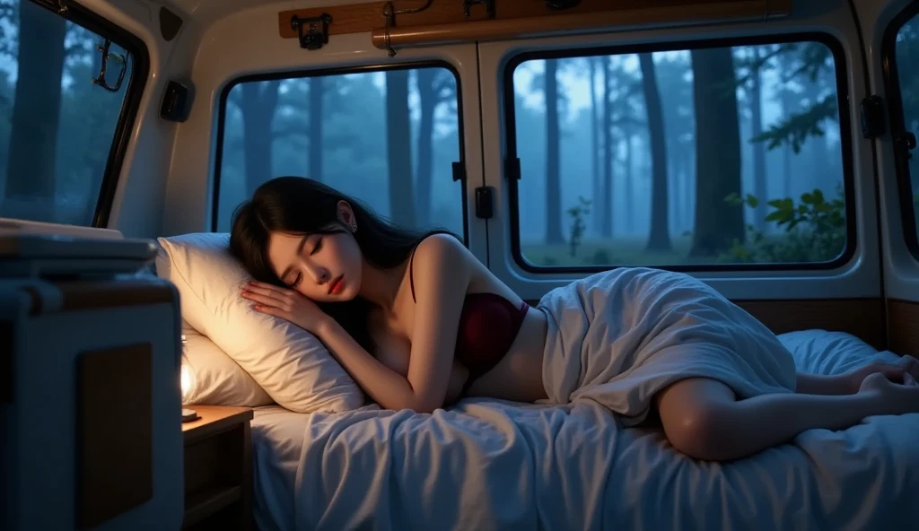 pretty asian girl, bikini, sleeping in the camper van, night, no light
