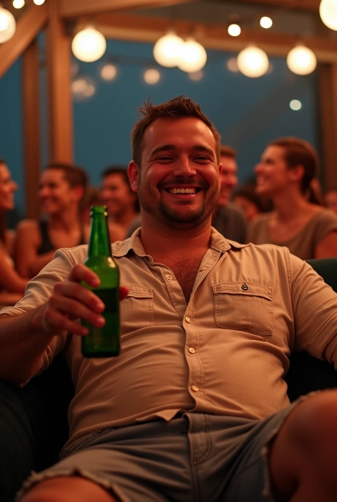 High-definition, cinematic close up frontal face of a Carlos, a man in his 30s, with an ordinary and relaxed appearance, He wears a faded T-shirt and comfortable shorts, he is sprawled on the couch, watching a ridiculous reality TV show. He laughs as he holds a beer. High resolution, cinematic lighting, ultra realistic, highly detailed, sharp, high definition, 4K.