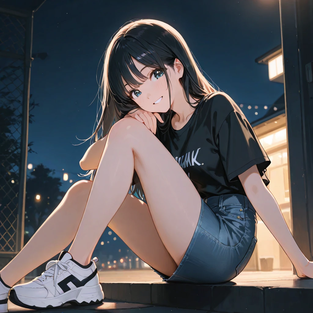 a masterpiece of、Top image quality、1人の女性、Beautiful woman sitting on the stairs、legs slightly open、hugetits、Female proportions considered everywhere、Skyscraper District、Sunset between buildings
