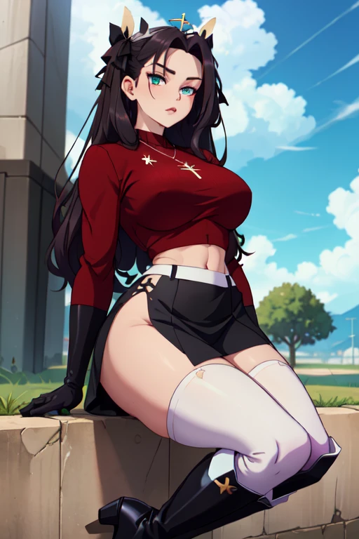 ((kipteitei art)), ((masterpiece)), (((best quality))), ((ultra-detailed)), (((illustration))), detailed face, ultra cute face, detailed body, ((1girl)), ((solo)), ((Rin Tohsaka)), aqua eyes, black hair, hair ribbon, long hair, ribbon, sidelocks, black thighhighs, long sleeves, miniskirt, pleated skirt, red sweater, skirt, ((undersized skirt)), sweater, turtleneck, looking at viewer, cowboy shot, hand on hip, tsundere, blush, (small breasts), perky breasts, pudgy, ((wide hips)), (((thick thighs))), fat ass, ((thicc)), walking down the street, town,
