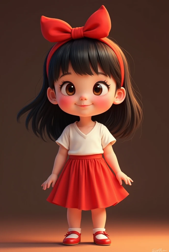 Une fille elle à 3 and elle a un t-shirt blanc une jupe rouge des botte rose