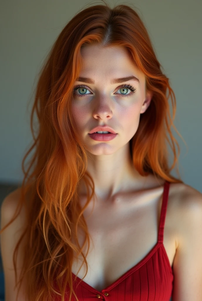 A 24-year-old young woman, green eyes, model, natural red hair, with a gorgeous hairstyle and a gorgeous face, with a figurine body, natural medium breasts, slim waist wearing a fashion dress with tatoo