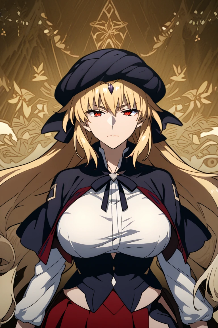blonde hair, long hair, bow, drill hair, yellow eyes, anatomically correct, best quality, masterpiece, high quality, high details, highres, HD, (shaded face:1.2), huge breasts, sagging breasts, staff, lips, bracelet, jewelry,  breasts, looking_at_viewer, standing, nose, black_dress, hair_over_shoulder, golden eyes, hollow eyes, lips, sad expression, gloomy expression,