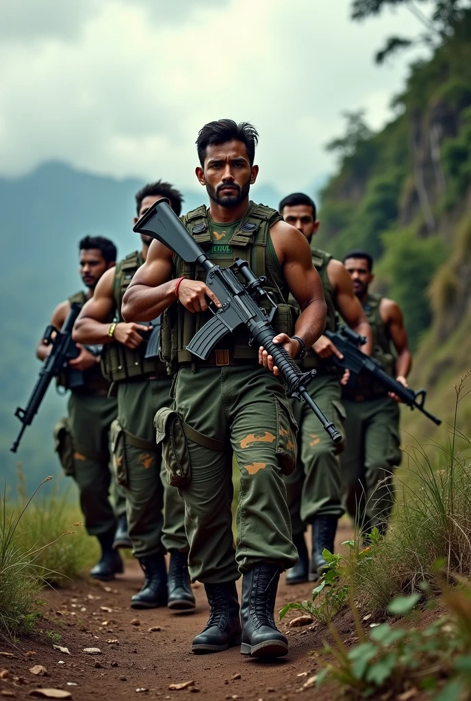A Brazilian army soldier in the jungle dancing and shaking his ass next to two strong mulatto men