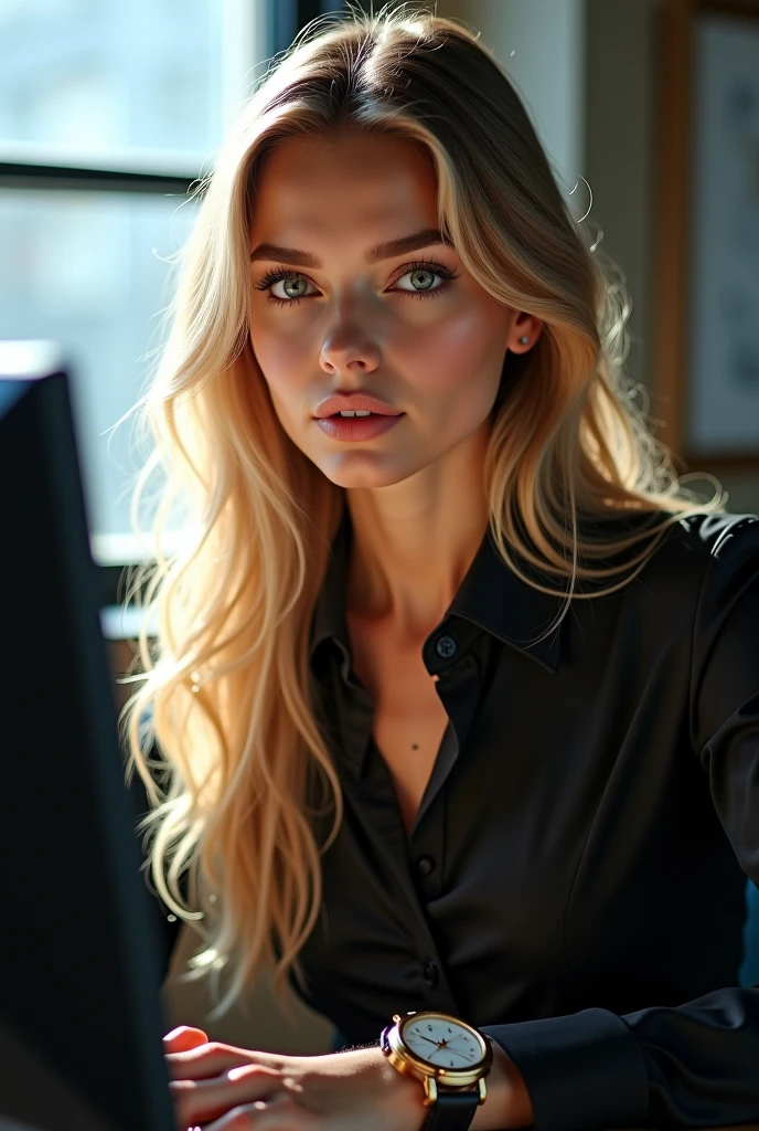 a beautiful girl with long blonde hair, detailed eyes, nose, and lips, wearing professional outfit, siting in her office, using her computer, hp comuter (best quality,4k,8k,highres,masterpiece:1.2),ultra-detailed,(realistic,photorealistic,photo-realistic:1.37),HDR,studio lighting,extremely detailed face and body, portrait,cinematic lighting,dramatic lighting,warm color tones,dramatic colors