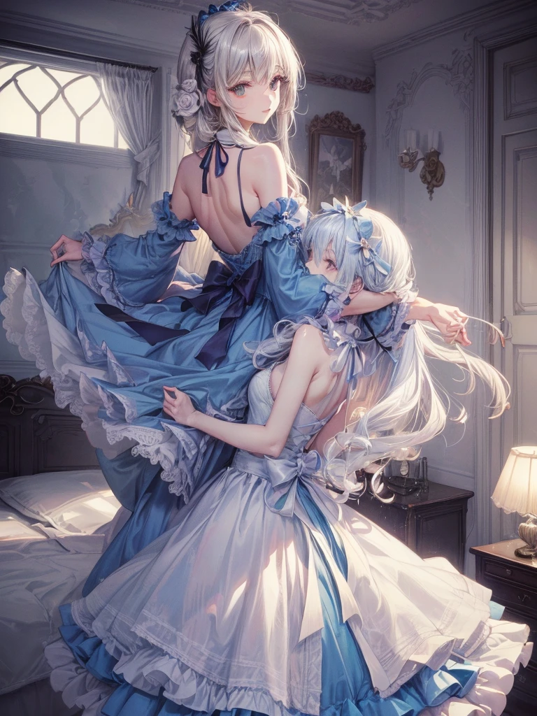 (top-quality,High resolution,(Ultra high definition,4K), (超A high resolution,in 8K),masutepiece:1.2), (Perfect Anatomy,Anatomically accurate), (Angle from below), (Soft lighting, rendered), ((very beautiful goddess mother and daughter)), ((detailed goddess)), (((evening gown))), ((Beautiful view from the lounge of a luxury hotel)), (Goddess mother and daughter arm in arm), (from the rear, Look back:1.2), (fascinated expression), (extremely detailed and beautiful face), (Crisp double eyelids), (Large breasts:1.3), (Soft skin), (Photorealistic), (shinny skin), (pinkhair), (Pixie Cut)
