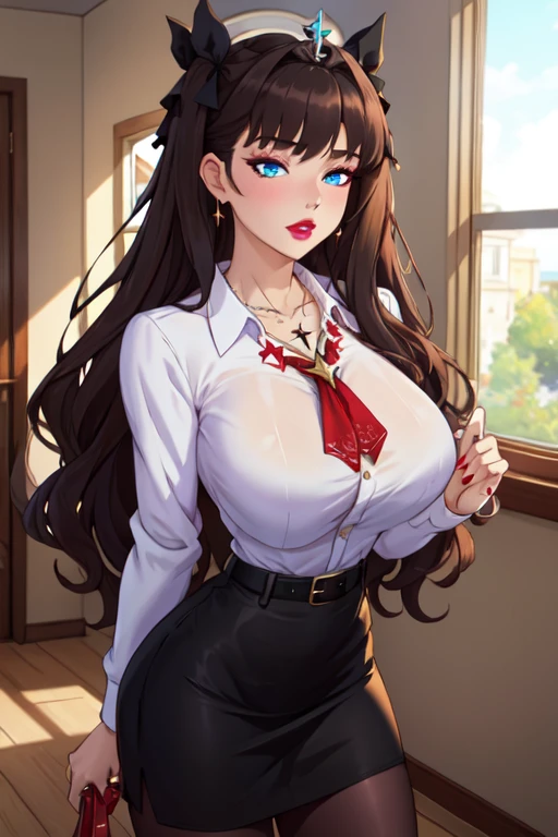 (Ultra Masterpiece), Best quality, OverDetailed, Ultra-Detailed, Digital Art, Detailed Face, (18K++, HD+), (Hyper-Detailed Eyes:1.3), (Absurdres:1.3), (Skindentation: 1.2), (Realism: 1.25), (Best shadow: 1.25), (Anime:1.3); [Expressive eyes, /(Deredere face)/, /(Deredere looks)/, (Perfect face)+, (seductive beauty)+, Plump Gyaru, Huge breasts, Very curvy, (dark hair), Long hair, Bracelets, Beautiful hairstyle, (amber eyes), Full lips, (face filled with happiness, bubbly expression), very cute], ((beautiful character design))+, At home; (Clothes details), Professional photo. [(Toned legs, Thick thighs), Big breasts, Ray tracing, (Perfect face)+, Octane render, Hentai realism, good looking shirt, ((white) collared shirt: 1.3), (open clothes), good-looking skirt, ((red) Skirt: 1.2), mini-skirt], At home, Huge breasts, Wide hips, (Shiny skin), (Very healthy body), 1 Female, (bold and assertive pose), (Very sexy+, Gorgeous woman+, young mature woman+), Facing the viewer, (Deredere: 1.4)+