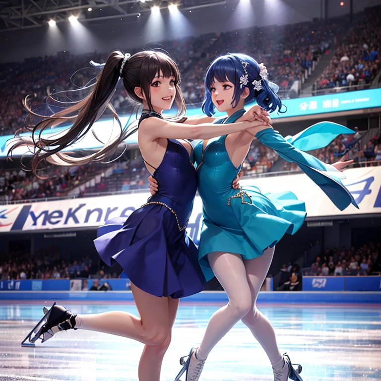 Highest quality, masterpiece, Very detailed, 8K, a beautiful Japanese woman:1.5, Small face, blunt bangs, Breast Augmentation Surgery, (Glamorous figure skating costumes:1.5, Figure Skating Boots), Very detailedな臭い脇の下、 Skating rink