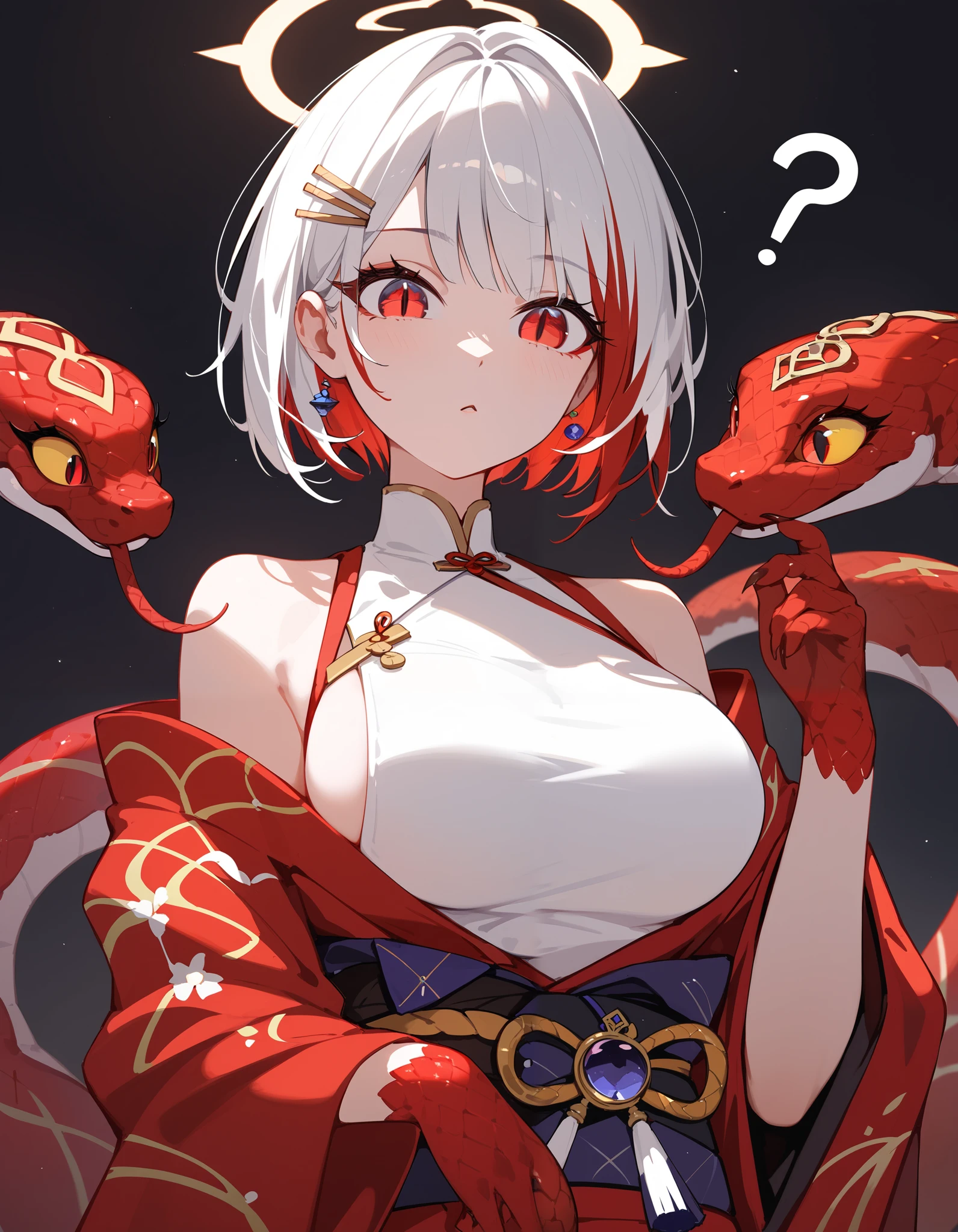 girl,White hair,beautiful face,Snake Woman,Kimono、with 1 snake、 personal illustration 、for short hair, Villain , multi colour hair,red hair,in red eyes,White Sleeveless Top,long sleeve kimono,big breasts,Slim Gold Hairpin,halo,RED SNAKE,Confused,cute