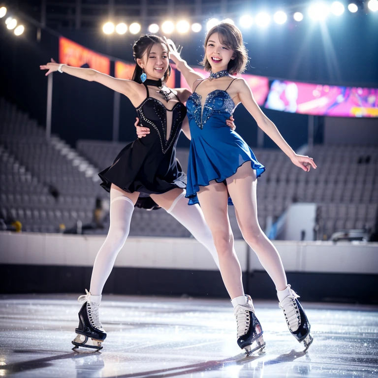 2 female、duo,(Super beautiful)、(beautiful faces:1.6)、(detailed faces:1.5)、(detailed eyes:1.1)、(detailed lips:1.1)、(detailed noses:1.1)、(brown hair)、(Doing figure skating)、(anatomically correct movements:1.3)、(Red costume)、(White panties under the skirt:1.2)、(Clothes:1.5)、(skating rink with spectators)、(At SFW:1.5)