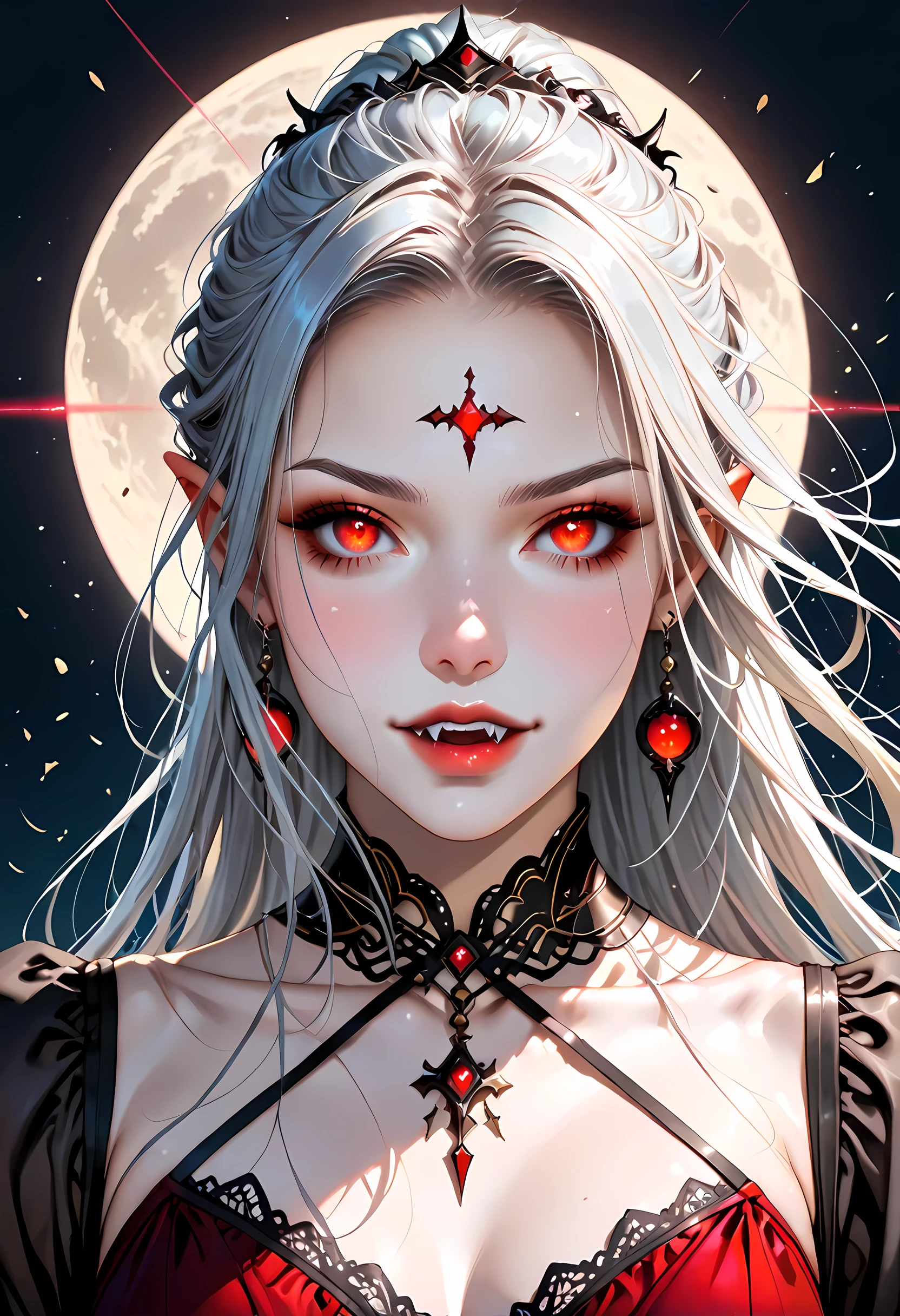 dark fantasy art, a picture of a fantasy, a beautiful female vampire, portrait, ultra feminine, best detailed body, best detailed face, best detailed face,  pale skin, dynamic hair, glowing eyes, vampire fangs, red eyes, wearing dynamic color dress, transparent fabric voile  dress, goth dress, small cleavage, intricate dress, wearing high heels, it is night time, the moon is in the sky, a sense of dread, soft light. moon rays. high details, best quality, 16k, [ultra detailed], masterpiece, best quality, (extremely detailed), close up, ultra wide shot, photorealistic, RAW, fantasy art, dnd art, fantasy art, realistic art,((best quality)), ((masterpiece)), (detailed), perfect face, fantasy, vampyfangs1, Colorful, art by mooncryptowow, PASTELGOTH
